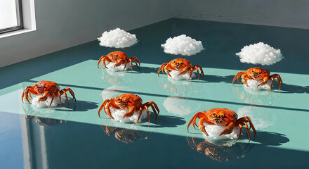 Six small crabs with fluffy white clouds arranged in a geometric pattern
