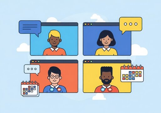Four diverse people connect virtually for a productive online meeting on screens