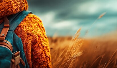 The back view of an orange knitted sweater a blue backpack and a brown hat worn by someone walking through tall grass in autumn with a cloudy sky.