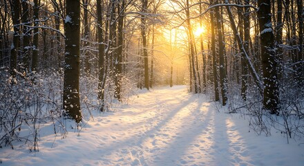 Winter Forest Sunlight - A Snowy Path Through the Trees.