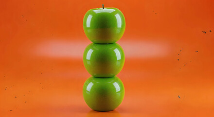 Three shiny green apples stacked vertically on a vibrant orange background