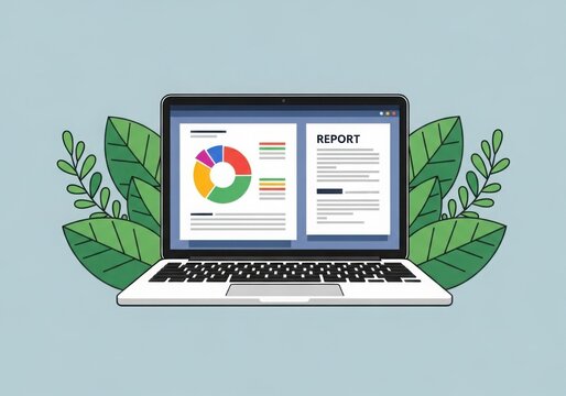 Laptop displaying financial pie chart and report surrounded by lush green leaves