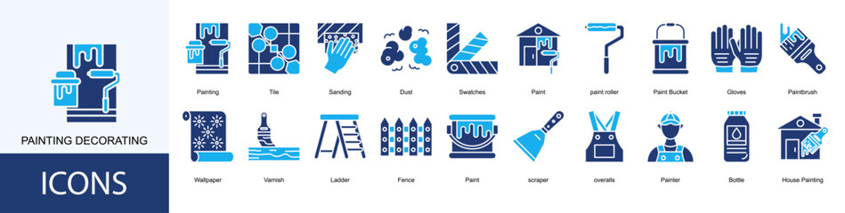 Painting Decorating icon collection set. Containing Painting, Tile, Sanding, Dust, Swatches, Paint, paint roller icon