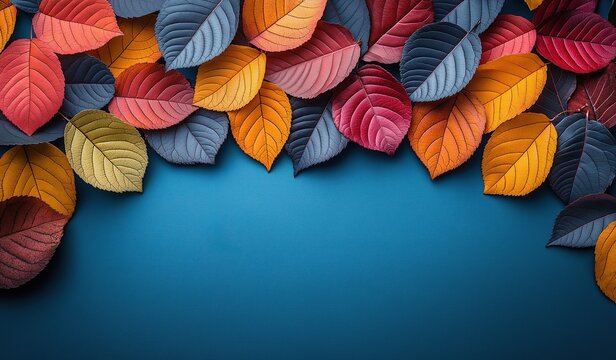 Colorful autumn leaves on a blue background with ample copy space in a flat lay design featuring a vibrant fall foliage border for modern wallpaper.