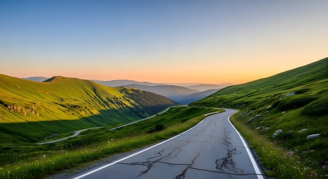 Scenic Winding Mountain Road at Sunset in Lush Green Valley Landscape
