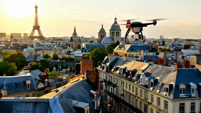 Drone flies over Parisian rooftops at sunrise