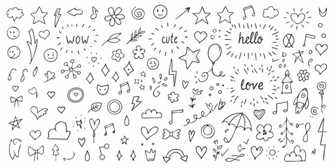 Collection of hand drawn doodle elements including hearts stars smiley faces flowers and text bubbles on white background