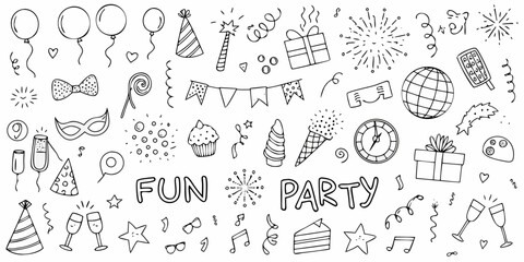 Collection of hand drawn doodle elements for fun party celebration and birthday events