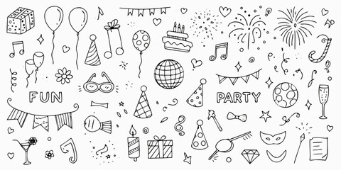 Collection of hand drawn party elements and celebrations with fun and party text