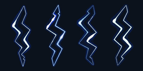Four stylized blue and white lightning bolt graphics with a dark background