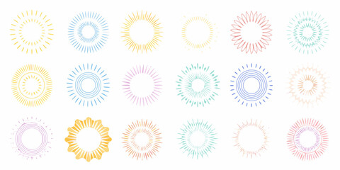 Collection of colorful abstract sunburst and starburst graphic elements in various styles and colors