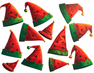 Top-Down Layout of Cartoon Elf Hats, Festive Christmas Collection for Seasonal Designs, Isolated on Transparent Background