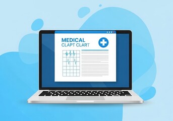 Modern laptop displaying a medical health insurance plan document with a cross symbol