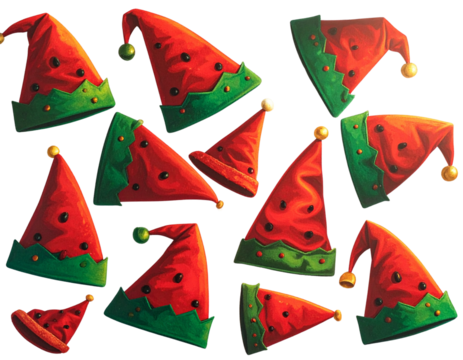 Top-Down Layout of Cartoon Elf Hats, Festive Christmas Collection for Seasonal Designs, Isolated on Transparent Background