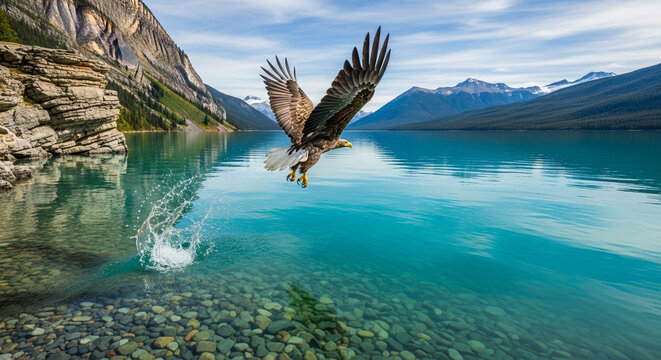 Majestic eagle diving for fish in a crystal clear turquoise lake surrounded by rugged mountains and lush green forest