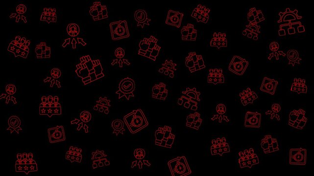 A seamless pattern looping animation of business and finance red line icons on black background.  Features icon of time management, organize, partnership and other. 4k animated resolution.