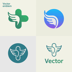 Fototapeta premium This vector emblem presents a modern take on medical themes, incorporating winged symbols alongside a cross, representing healing and care in a stylish design.