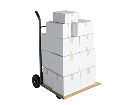Top-Down Perspective of Hand Truck Moving White Boxes, Modern Logistics and Shipping Illustration, Isolated on Transparent Background