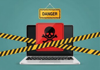 Cybersecurity threat alert laptop screen with danger warning and barrier tape
