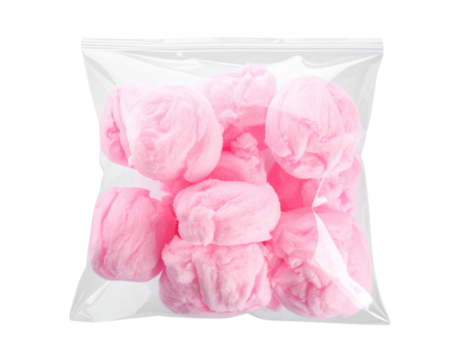 Top-Down Perspective of Pink Cotton Candy Bag, Fun and Playful Snack Visual, Isolated on Transparent Background