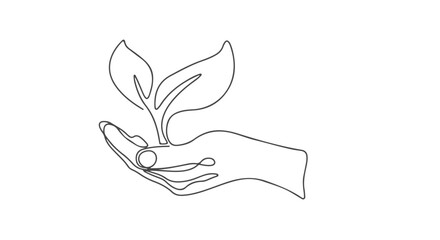 Elegant one line single continuous illustration of a hand holding a young plant, representing growth, care, and the concept of nurturing nature's future