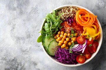 healthy vegan salad bowl with colorful vegetables, natural lighting, top view