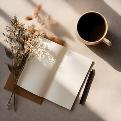 flat lay of creative workspace with notebook, pen, and coffee, minimal design, soft shadows