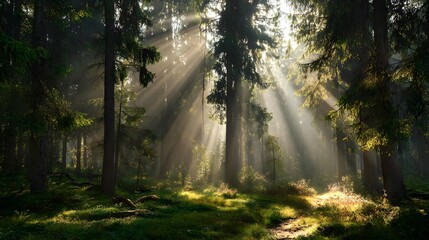 beautiful nature forest with sunlight beams through trees, calm atmosphere