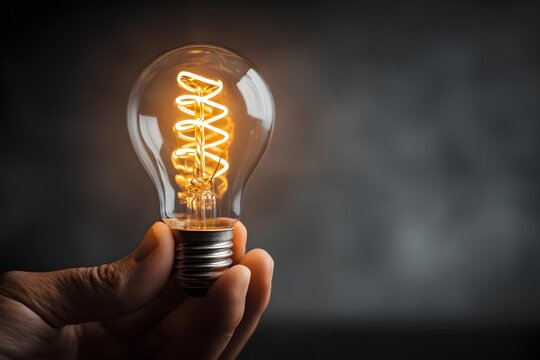 hand holding glowing light bulb, innovation and idea concept, dark background with rim light