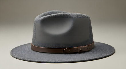 A classic gray felt fedora hat with a wide brim and a decorative brown leather band, a timeless fashion accessory isolated on a plain background