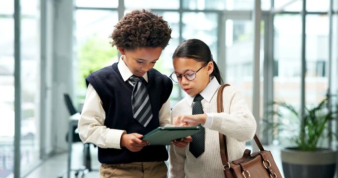 Business, conversation and tablet with children in office together for cosplay or dress up. App, collaboration or costume with boy and girl kids in workplace for planning, research or team meeting