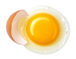 Top-Down View of Split Brown Egg with Yolk Spreading, Food Preparation Concept, Isolated on Transparent Background
