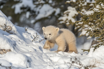 polar bear cub taking its first steps in pristine white winter wonderland