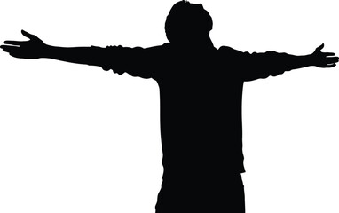 Silhouette of a man standing with arms outstretched against a white background, representing freedom, joy, and a sense of liberation and achievement