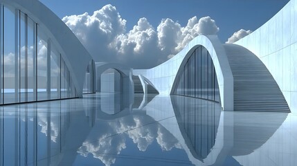 A modern architectural structure with reflections, emphasizing innovation, design, and serene atmosphere.
