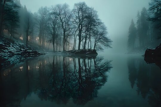 A misty forest lake landscape, highlighting nature's tranquility, mystery, and scenic beauty.
