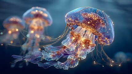 Jellyfish with glowing effects, highlighting marine life, beauty, and ethereal atmosphere.