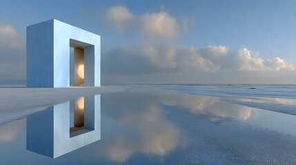 A modern architectural structure in a reflective landscape, emphasizing artistry, innovation, and serene atmosphere.