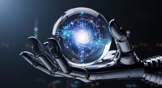 Robotic Hand Holding Glowing Digital Data Sphere Future Technology Concept