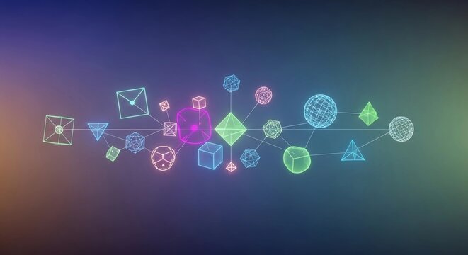 Abstract Digital Network of Glowing Geometric Shapes Interconnected Technology Concept