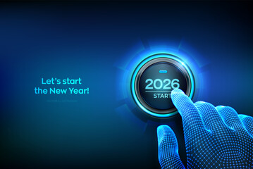 2026 start. Happy new year 2026. Finger about to press a button with the text 2026 start. New Year two thousand and twenty six is coming concept. Vector illustration.