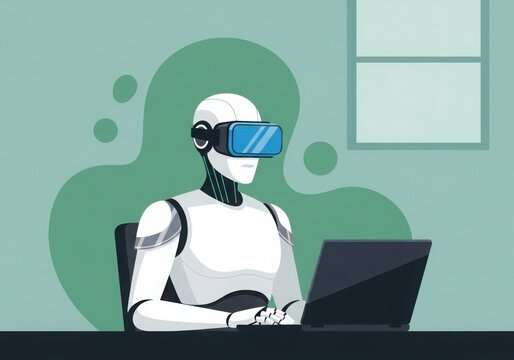 Futuristic robot experiencing virtual reality while using a laptop technology concept