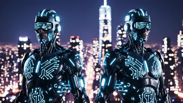 Two futuristic androids with glowing circuit patterns stand against a bokeh city skyline at night.