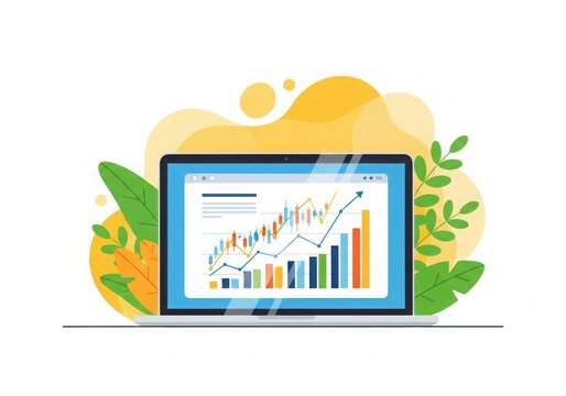 Modern flat design open laptop displaying financial growth chart with abstract colorful elements