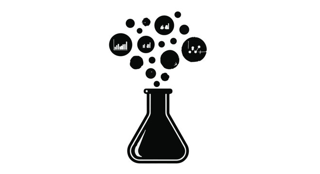 Abstract representation of data analysis and scientific discovery bubbling from a flask