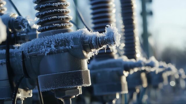 Power equipment covered in frost during a chilly winter morning at an electrical substation