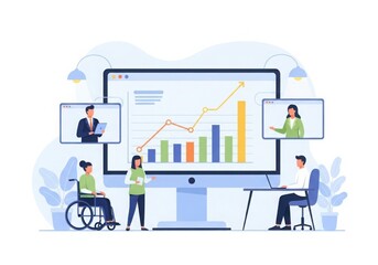 Diverse team collaborates remotely analyzing financial growth charts on large screen