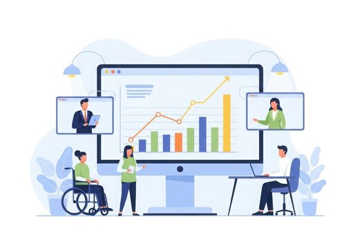 Diverse team collaborates remotely analyzing financial growth charts on large screen