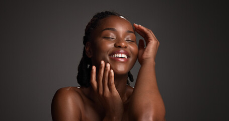 Beauty, skincare and black woman in studio, wellness shine and natural glow for facial aesthetic....
