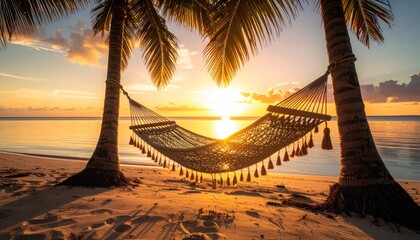 Tropical beach at sunset with a hammock strung between two palm trees casting long shadows on the sand with the ocean reflecting the golden light